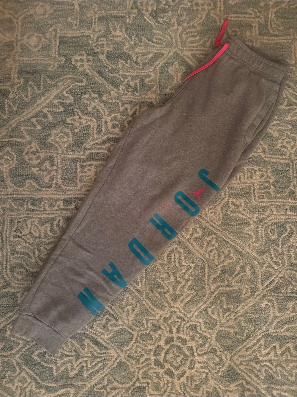 Jordan Miami Gray Joggers with Pink Drawcord / jumpman and Teal Logo